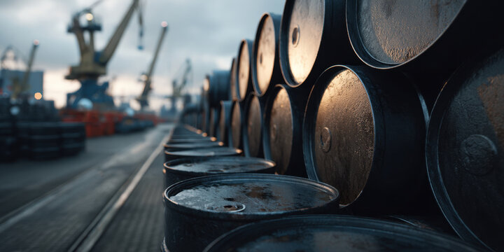 Oil barrel stacked at industrial port during moody sunset with shallow depth of field conveying gritty atmosphere