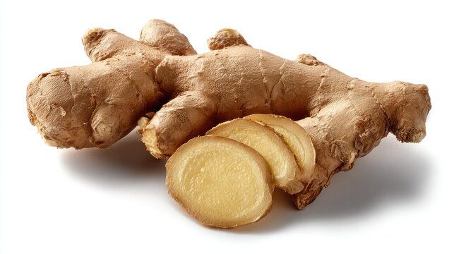 Fresh ginger root and slices isolated on white background