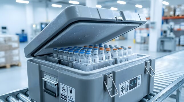Open medical cooling container with vaccine vials on a conveyor belt in a warehouse