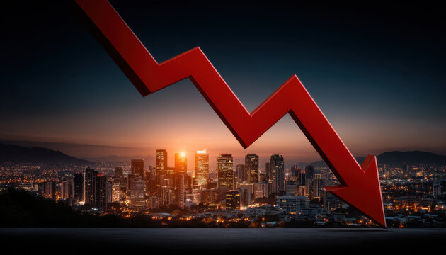 Red downward arrow over city skyline at dusk illustrating recession crisis and economic decline with dramatic lighting and tense atmosphere