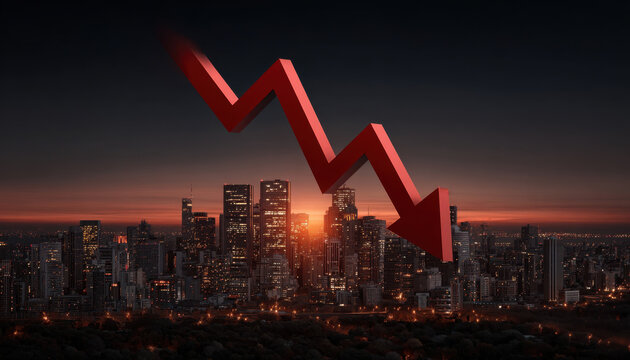 Downtown skyline at dusk with large red downward arrow symbolizing recession and economic crisis, dramatic lighting and moody atmosphere conveying financial decline and urgency