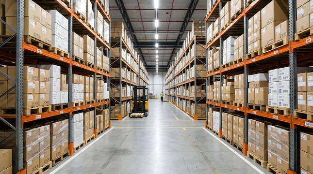 Modern logistics distribution center with high storage racks, cardboard boxes, and a forklift