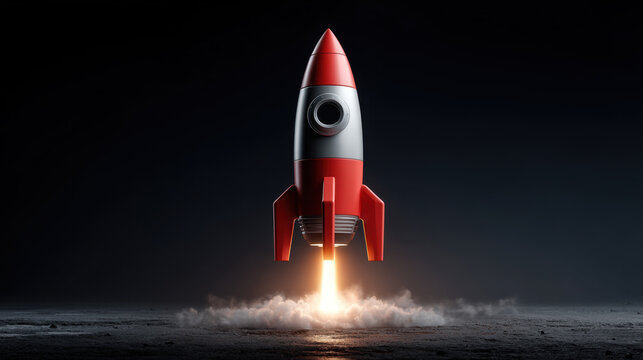Red and silver retro rocket launching with flame and smoke on dark background, dramatic lighting evokes excitement and adventure