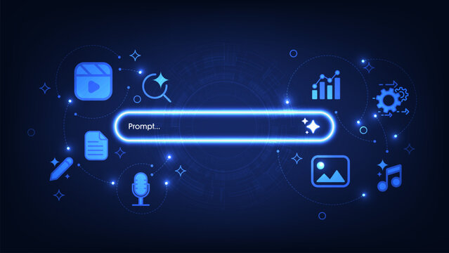 Symbolizing artificial intelligence technology concepts. Glowing generative bar with icon on futuristic background. Input prompt as commands for search and generate by AI. Vector illustration.