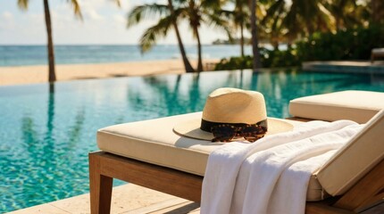 Obraz premium Relaxing tropical getaway with sun lounger, hat, and towel by infinity pool overlooking ocean and palm trees on a sunny day.