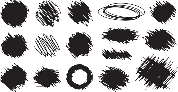 A versatile collection of 15 unique hand-drawn black scribbles and hatching textures. Featuring various styles from loose circular scrawls to dense pen-style hatching and rough pencil marks.