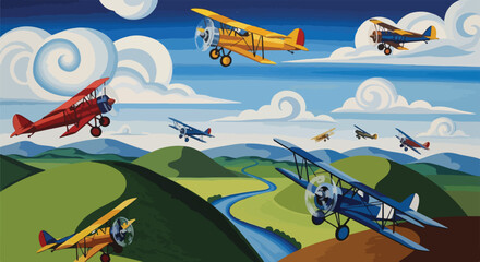 Pixelated graphic of biplanes flying over a landscape with clouds © Zabir