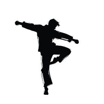 Silhouetted figure in martial arts stance, dynamic brushstroke style