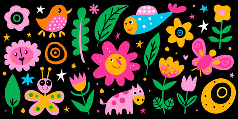 Fototapeta premium Whimsical floral and animal illustrations on a dark background