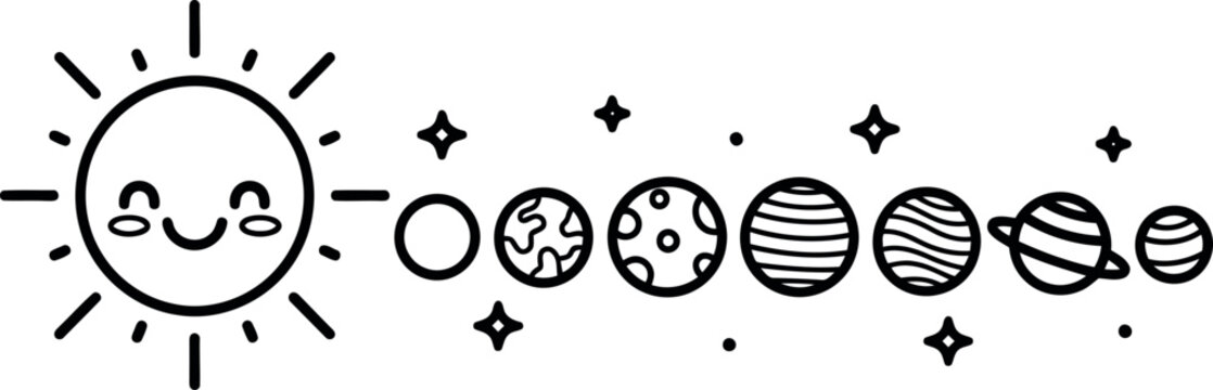 Solar system illustration with smiling sun and planets