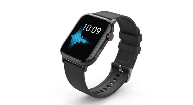Smartwatch with sound wave display on screen, modern black smart watch with digital interface