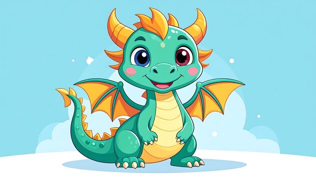 Adorable cartoon dragon with teal skin, orange wings and horns, and a friendly expression, standing on a snowy ground