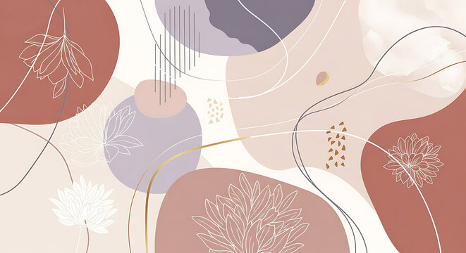 Abstract floral art background featuring organic shapes, delicate botanical line illustrations, and elegant golden accents, creating a modern earthy design