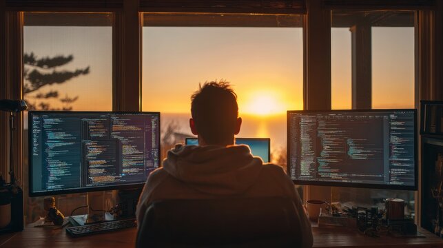 Freelance Developer Works in a Home Office With Multiple Monitors Showing Code During Late Afternoon Light