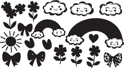 Obraz premium A charming, whimsical black-and-white collection of silhouettes and line art doodles of hand-drawn vector illustrations featuring smiling clouds, rainbows, suns, flowers, and bows. 