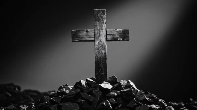 Rustic wooden Christian cross standing on a pile of black coal rocks under dramatic spotlight in monochrome, concept for religious faith, spiritual salvation and christian mourning