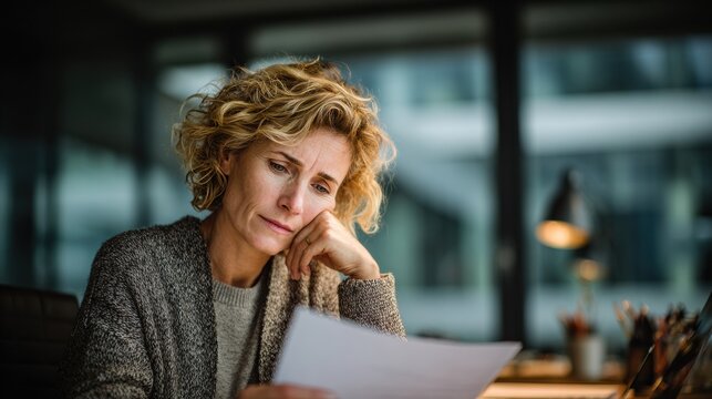 Professional Woman in Office Reviews Termination Letter While Dealing With Employment Issues and Feeling Impact of Wrongful Dismissal