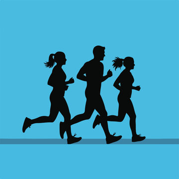 Silhouettes of three people running on a blue background