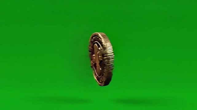 Spinning Commemorative Coin on Green Screen Background Close Up.