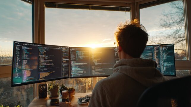 Freelance Developer at Home Office With Multiple Monitors During Late Afternoon Sunlight Focusing on Coding Work