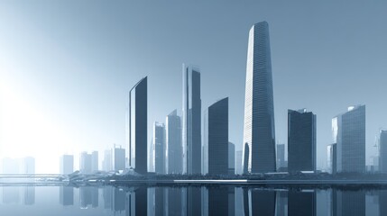 Obraz premium Modern cityscape with skyscrapers reflected in water on a clear day