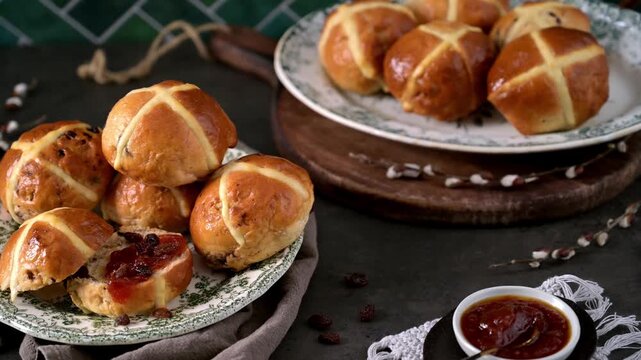 Glazed Easter buns with traditional white crosses are arranged on green patterned plates. One bun is sliced and topped with fruit jam in a rustic, moody setting with pussy willow branches.