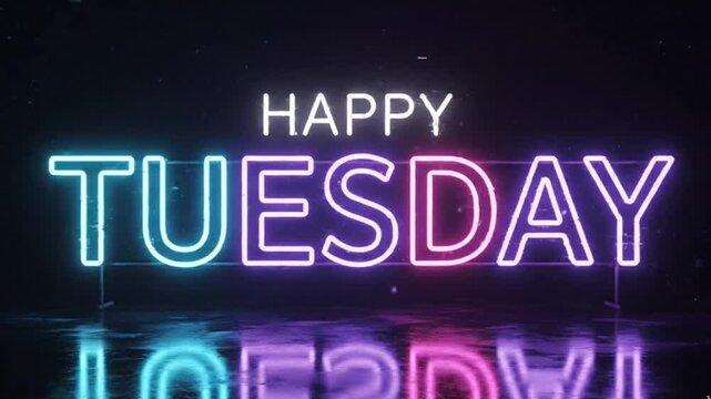 Neon glitch happy tuesday text animation on dark reflective surface
