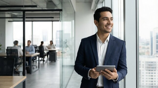 Happy Young Hispanic Businessman Holding Digital Tablet in Office