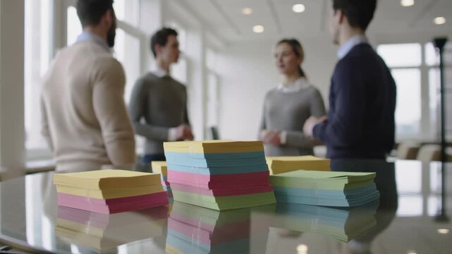 Stacks of colorful sticky notes on a glass desk with blurred corporate managers discussing in a bright modern office, concept for creative brainstorming, agile project management and planning