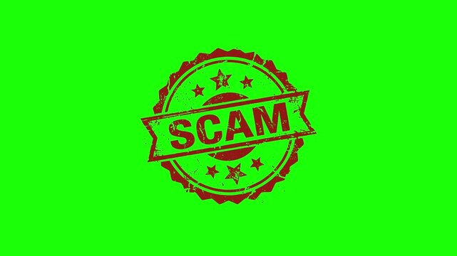 Red scam stamp on green background warning sign or symbol