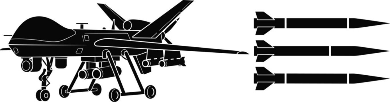 Military drone with launched missile silhouette illustration, UAV and ordnance artwork, modern defense design concept, black and white vector template set