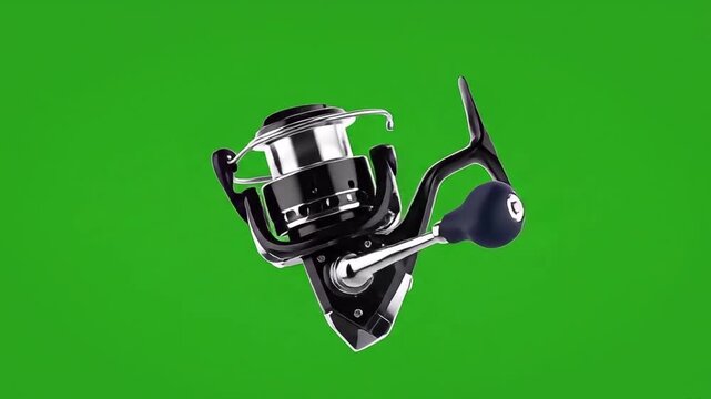 Fishing Reel Isolated on Green Screen Background for Chroma Keying.