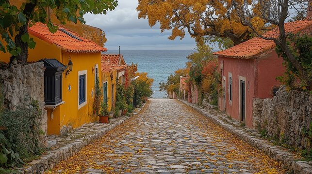 Autumnal Charm Cobblestone Path to Tranquil Sea in Assos Kefalonia.