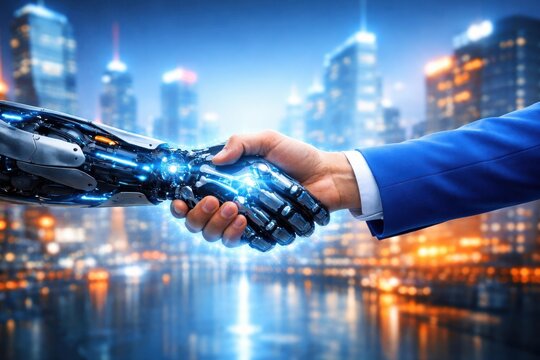 Human and robot shaking hands, partnership in futuristic city at night, technology collaboration.