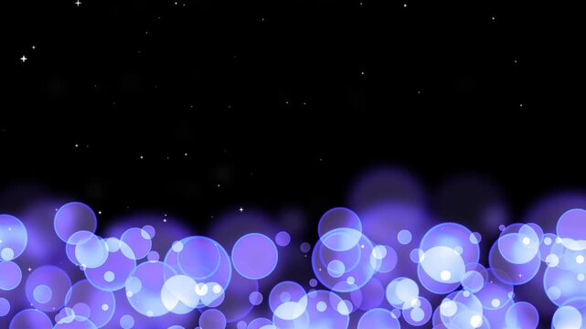 Circle bubles glow purple violet random size and moving with white stars on the black screen