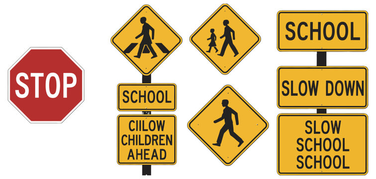 school zone traffic signs collection, stop children crossing slow warning symbols, vector illustration isolated on white background, set for road safety, pedestrian protection, and educational signage