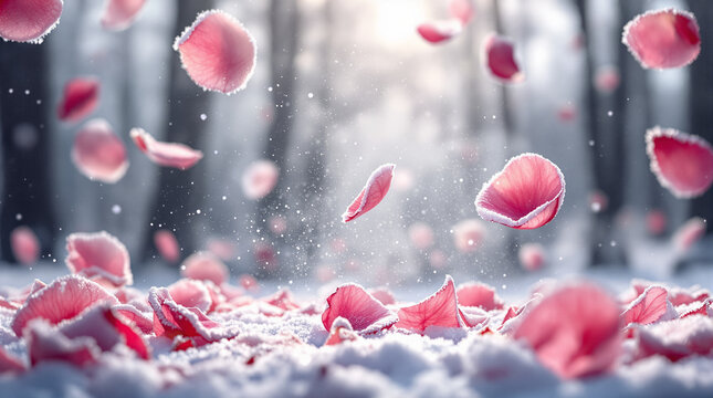 Tampilan dekat kelopak bunga yang berguguran bersama embun salju.