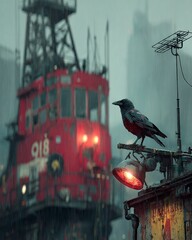Naklejka premium A black bird perches on a rusty metal beam beside a red industrial crane on a foggy day.