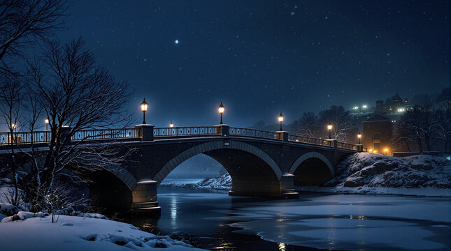 jembatan yang sepi di malam hari selama musim salju