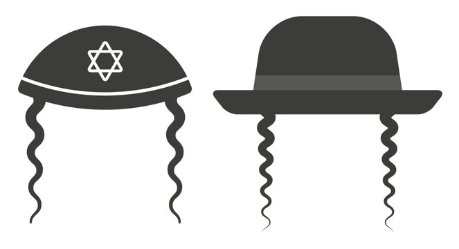 Vector illustration of traditional Jewish headwear, kippah with side curls and orthodox black hat with payot. Flat design isolated on white background.