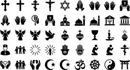 Obraz premium Christian religion line icon set. Faith concept. Holy bible book, spirituality, worship, prayer, church symbols 
