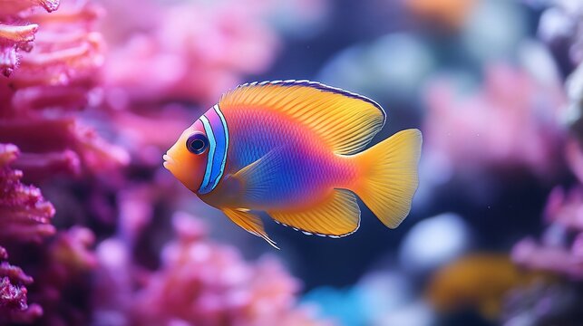 Vibrant Flame Angelfish Swimming Amidst Pink Coral Reef Underwater Beauty.