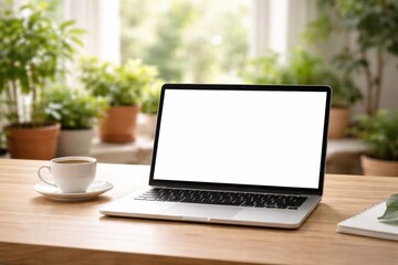 Fototapeta premium Laptop on wooden table with coffee cup and plants in sunny room.