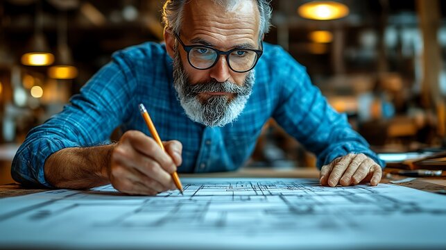 Mature architect focusing on design drawings