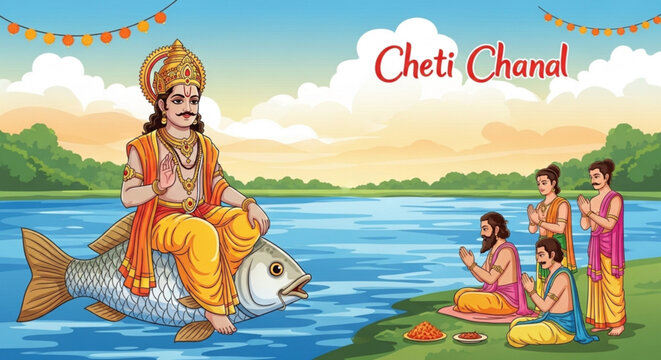 Hindu mythology scene with man riding fish cheti chand festival celebration with people praying by river