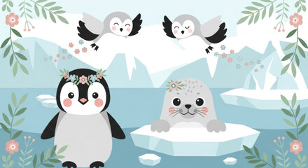 Cute penguin seal and birds in floral crowns on icebergs in arctic landscape with flowers © asif