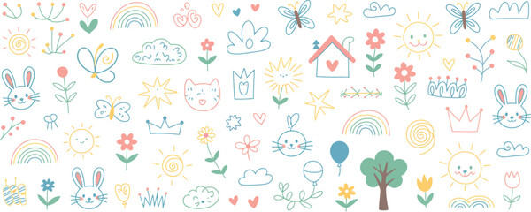 Obraz premium Colorful whimsical doodles of flowers animals and