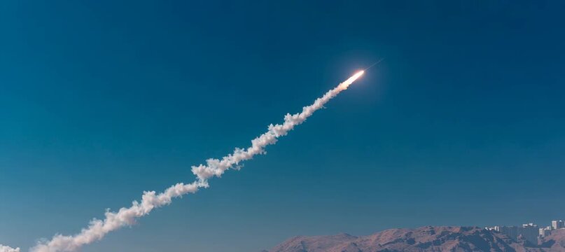 A intercept missile launch from the city. Aerial defense weapon. Generative video AI technology.	

