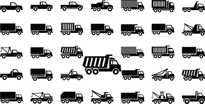 Collection of various truck and vehicle icons in black and white