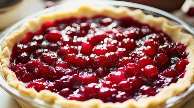 Close Up of Cranberry Filling Being Spooned Into Pie Crust